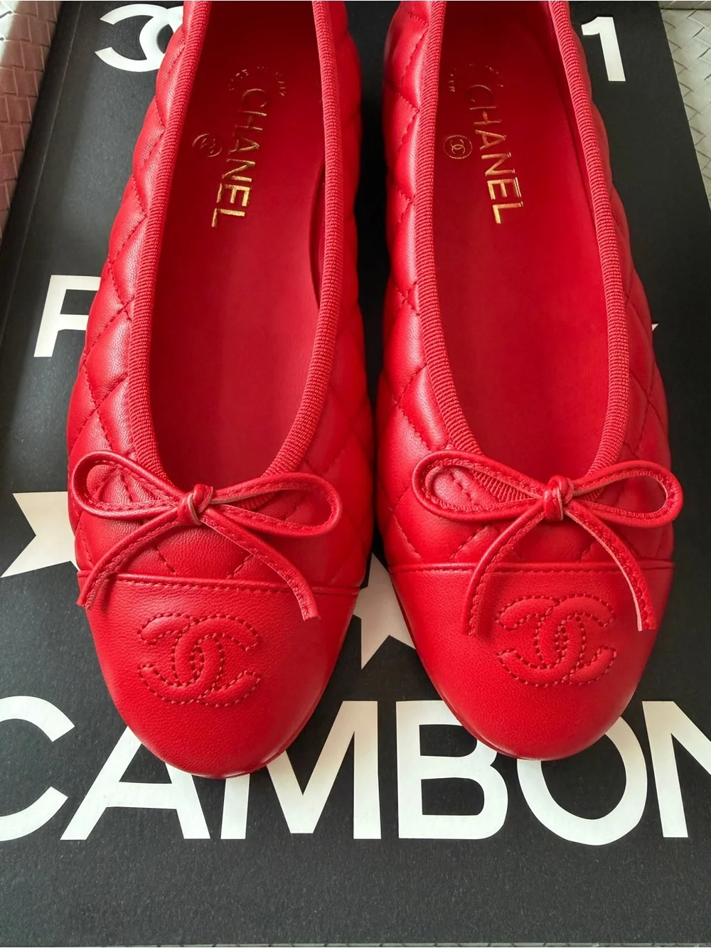Chanel 26B Blazy Leather Quilted Red Agneau Rouge CC Logo Ballet Flats 38.5